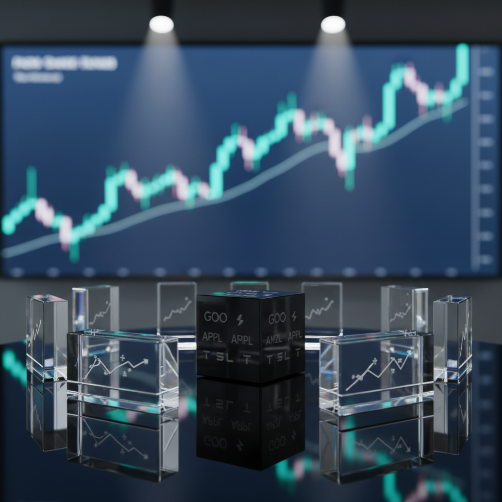An abstract but realistic tabletop composition featuring a glossy black cube engraved with subtle stock ticker symbols, positioned on a reflective dark glass surface. Surrounding the cube are transparent acrylic blocks etched with faint line graphs, arranged in a semi-circle, their edges catching light like crystal. A background of softly blurred, oversized candlestick charts in cool blues and greens fills a large wall-mounted screen. Directional spot lighting from above creates sharp, controlled reflections and layered shadows, adding depth and structure. Photographic realism with a slightly low camera angle and shallow depth of field that keeps the cube razor sharp while the screen melts into bokeh. The mood is sophisticated, conceptual, and forward-thinking, perfect for a modern trading insights brand.