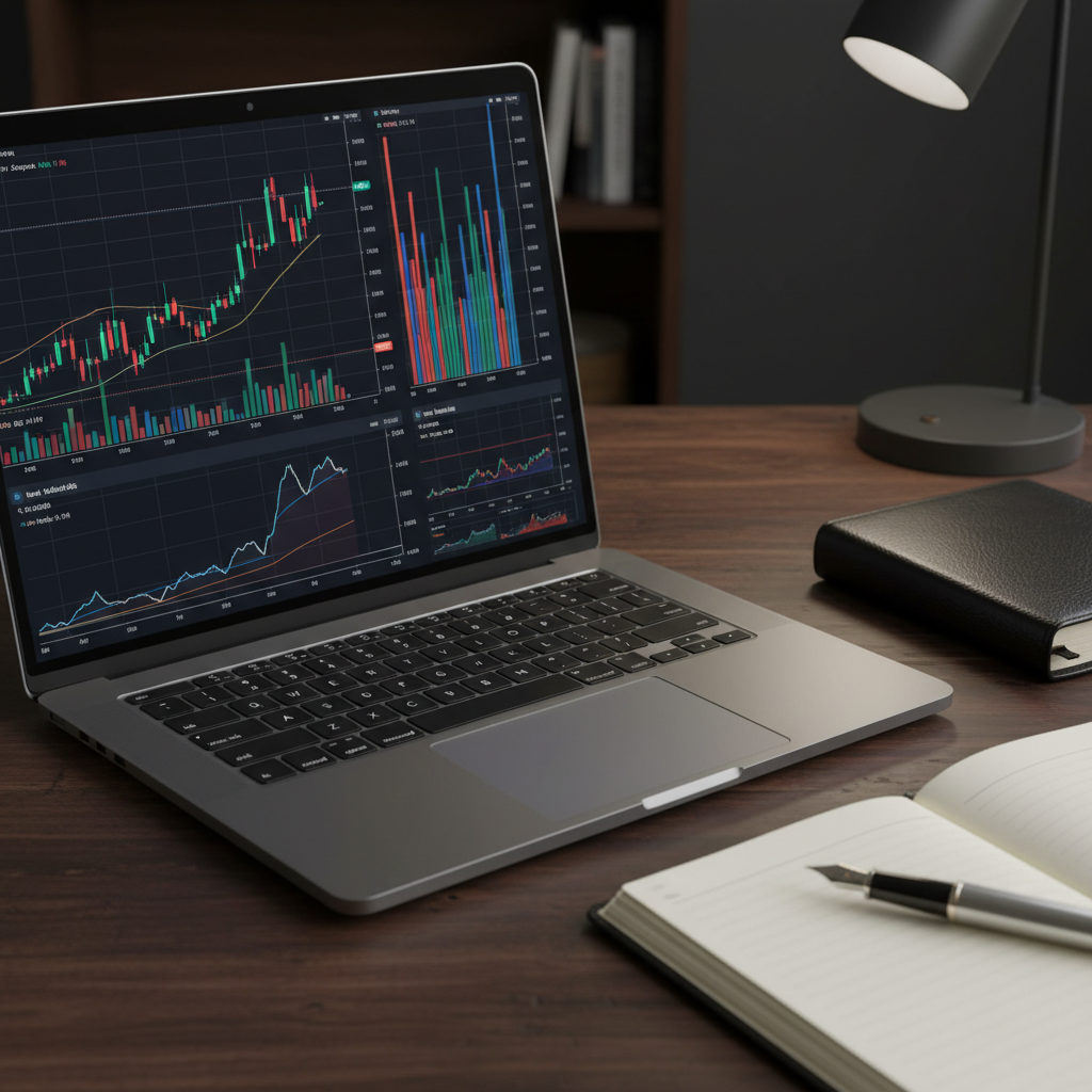 A close-up of a high-end laptop on a dark walnut desk, its screen filled with a detailed multi-timeframe stock chart, volume profile, and technical indicators in precise, vibrant colors against a deep navy interface. Beside it, a black leather notebook lies open with a silver metal pen resting diagonally across clean, lined pages. Soft studio lighting from the left creates gentle reflections along the laptop’s brushed aluminum chassis and subtle texture on the leather cover, while the background fades into a tasteful dark blur. Photographic realism, shot from a slightly elevated angle, rule-of-thirds composition emphasizing the laptop screen. The atmosphere is analytical, disciplined, and calm, ideal for conveying structured trading education.