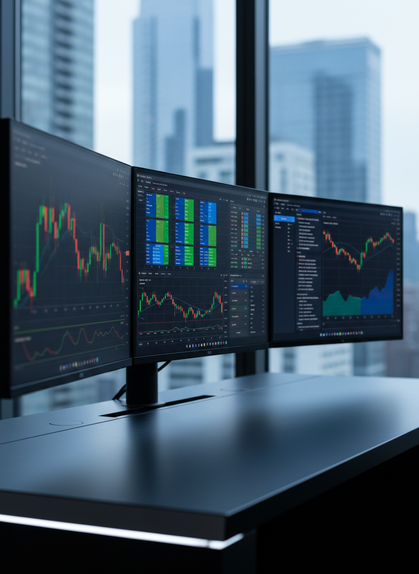 A sleek, ultra-wide trading workstation with three frameless 4K monitors displaying crisp candlestick charts, heat maps, and a market news dashboard in deep blacks, emerald greens, and electric blues. The setup rests on a matte black desk with brushed metal edges, next to a large window overlooking a softly blurred modern city skyline. Cool, diffused daylight mixes with subtle white LED strip lighting under the desk, creating clean highlights on the metal surfaces and gentle shadows beneath the monitors. Photographic realism, shot at eye level with a slight angle across the desk, sharp focus on the screens, background softly out of focus. The mood is professional, focused, and high-tech, perfectly suited for a trading education and market analysis brand.